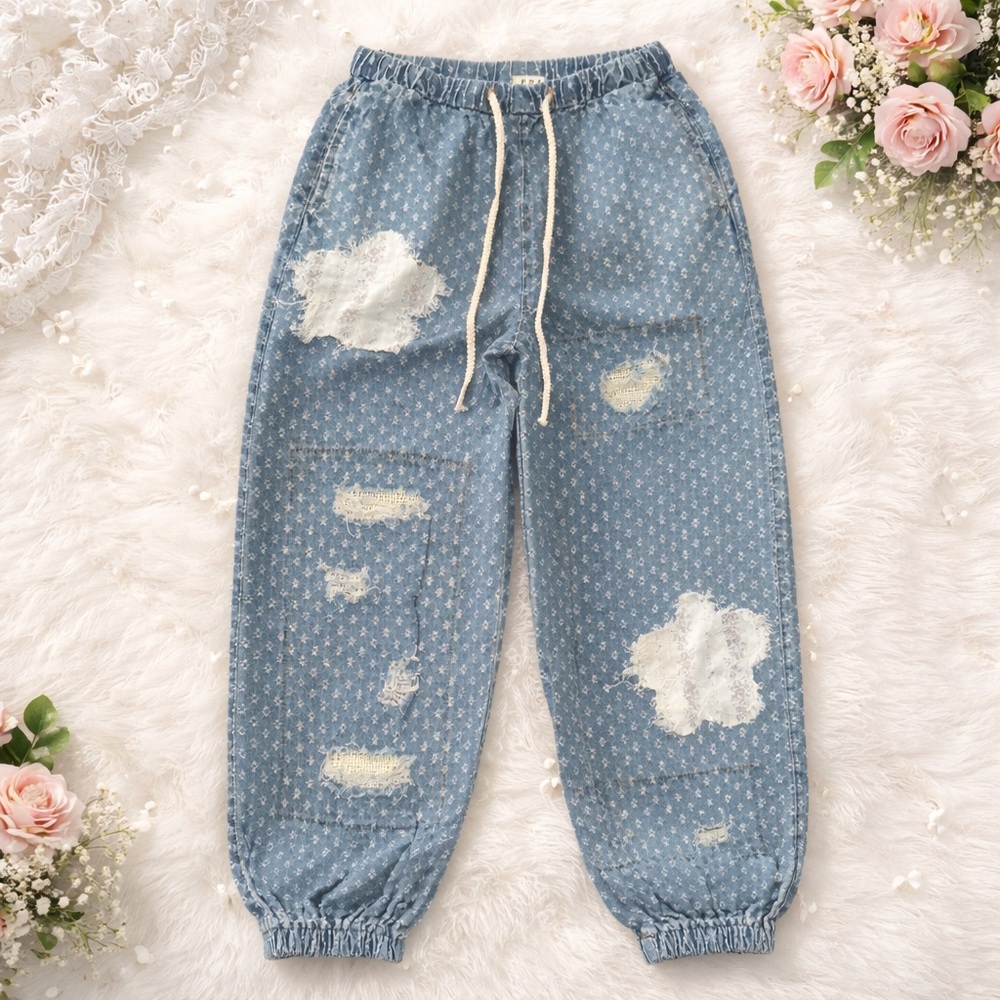 POL distressed eyelet mixed patchwork denim jogge… - image 2